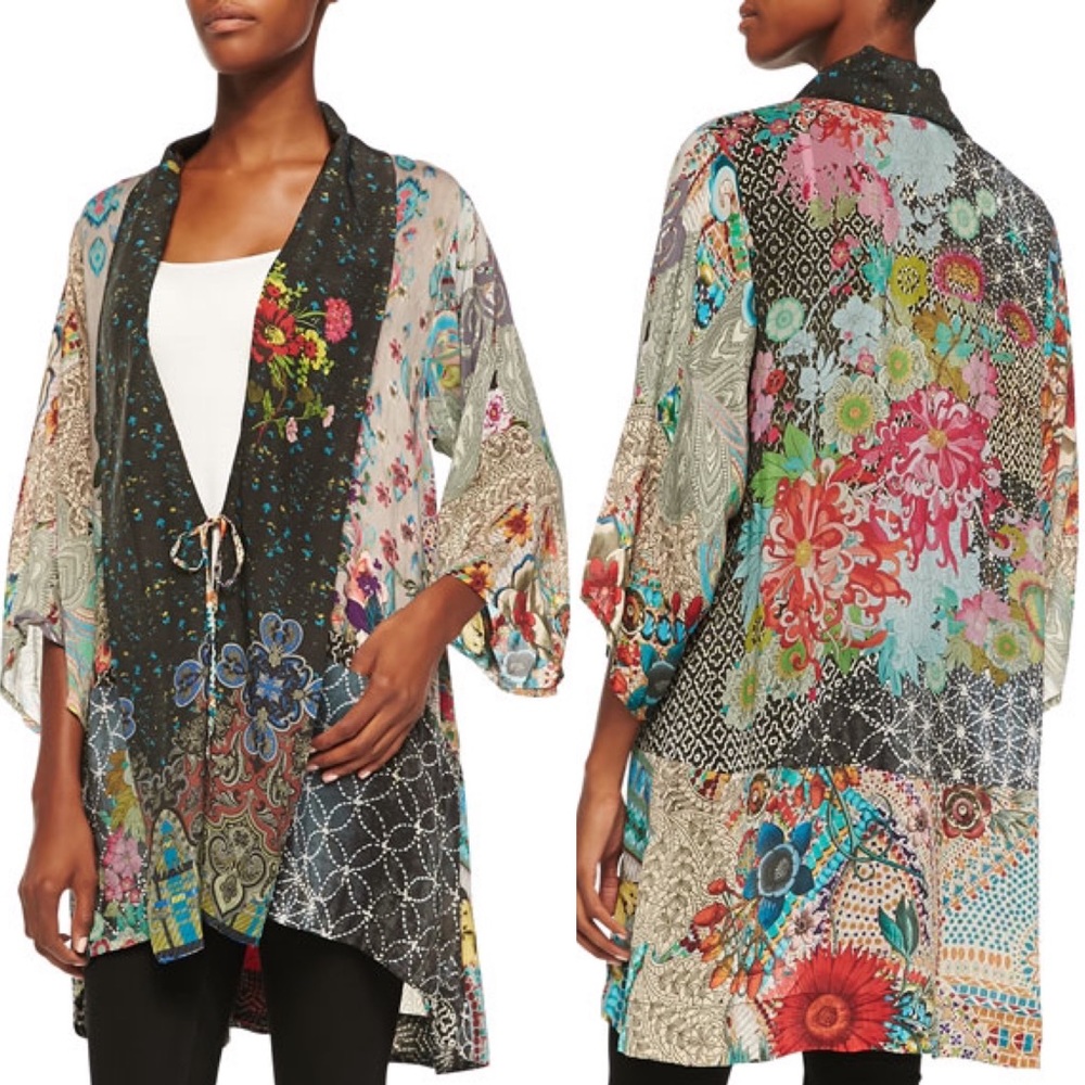 JOHNNY WAS Mix Megnesia printed cupro tie front kimono top S